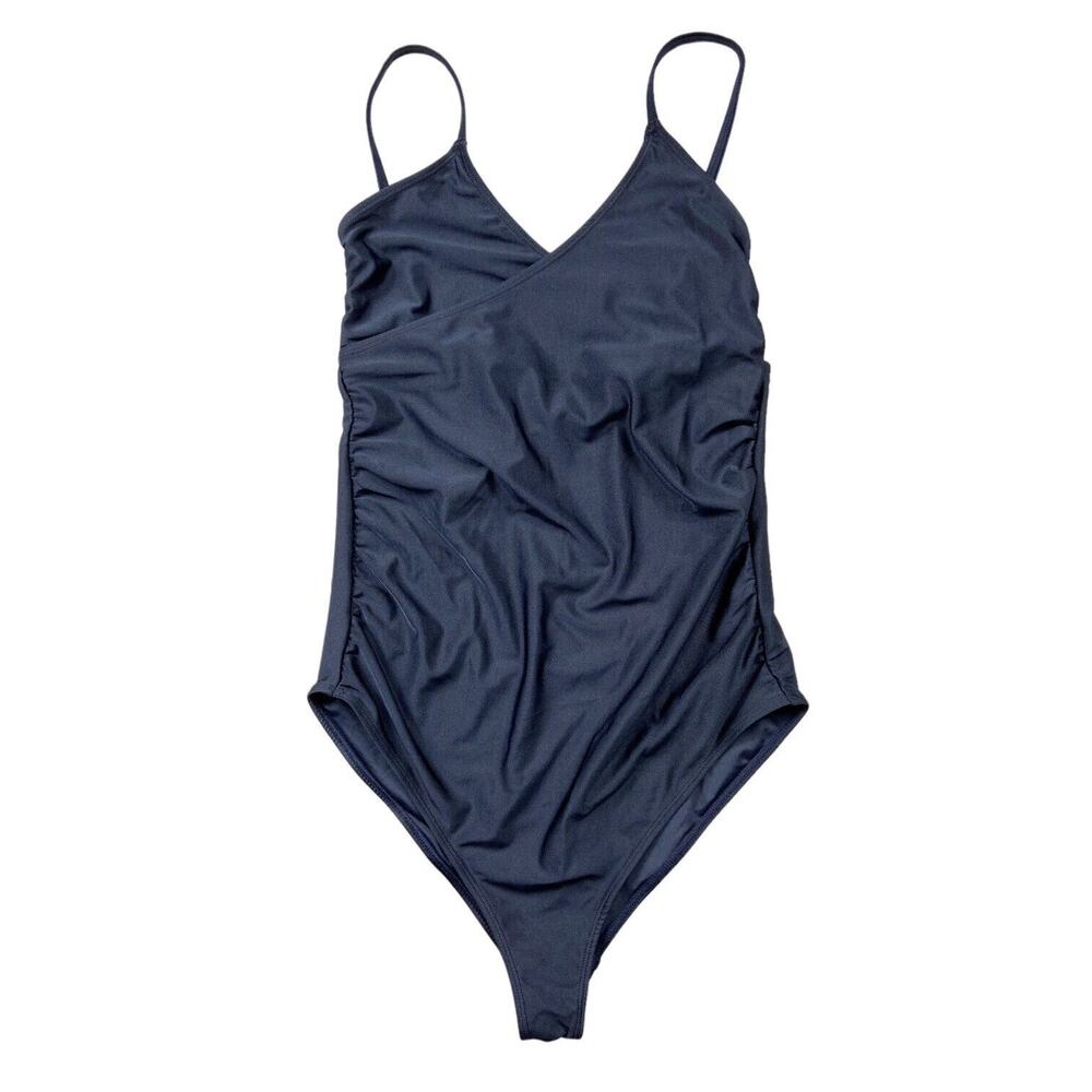 NEW Wolf & Whistle One Piece Swimsuit‎ Wrap V Neck Navy Blue Women Size Large